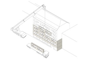  Montage der Holztafelbauelemente. Die Elemente wurden mit eingepressten Buchenholzdübeln miteinander verzapft und passgenau aufeinander gesteckt 