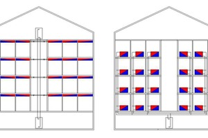  Corner (linke Zeichnung) erschließt die einzelnen Etagen zentral über den Mittelstrang (Treppenhaus oder ähnlich) und wird über die Decken in die einzelnen Wohnungen geführt. Daneben rechts der sehr aufwändige Installationsplan einer herkömmlichen Konvektionsheizung  