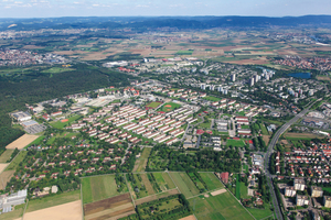  Luftaufnahme der Franklin-Kaserne. Die ehemalige Militärsiedlung verwandelt sich aktuell in ein neues, lebendiges Stadtviertel von Mannheim 