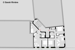  Grundriss OG: Die zwei Wohnungen in den Obergeschossen können bei Bedarf zu einer größeren Wohnung zusammengelegt werden 