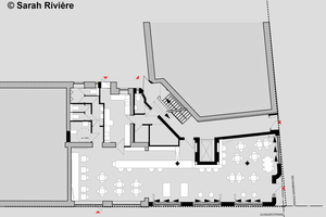  Grundriss EG: Um die Nutzfläche der Bar im Erdgeschoss zu erhöhen, reicht die Bar durch den Neubau in den Altbau hinein 