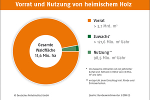  Von den über 120 Mio. m³ Holz, die im Wald jährlich wachsen, werden mehr als 80 % eingeschlagen, wovon ein Teil als Restholz im Wald verbleibt. Die übrigen 20 % sind der Zuwachs der Bäume oder werden zu Totholz 