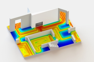  Die thermische Simulation einer typischen Anbindesituation eines Fußbodenheizungsverteilers zeigt die resultierende Fußboden-Oberflächentemperatur im Vergleich: Hier ohne Kermis x-net connect... 