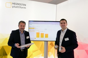  Udo Petzoldt, geschäftsführender Vorstand der Baugenossenschaft Kulmbach eG, und Jan Fredrik Harksen, Geschäftsführer der Zuhause Plattform GmbH, präesentieren die Heizkosten Plattform auf der BAU 2019 in München  