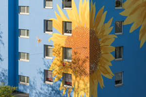  Die Hauseingänge schmückte der Künstler mit Sonnenblumenfeldern und an Schaufenstern eines ehemaligen Einzelhandels bildete er fiktive Landschaften ab 