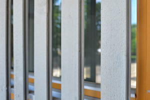  Die Holzlamellen laufen als Sichtschutz auch über die Fenster zum Laubengang, wobei jeweils die zweite Leiste ausgelassen wird 