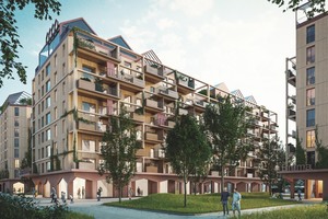  Die „Rote Emma“ im 22. Wiener Gemeindebezirk. AllesWirdGut entwickeln die Wohnan-lage als Holz-Hybridbau mit hohem Vorfertigungsgrad. Ein digitaler Bauantrag würde sich hier ebenso anbieten 