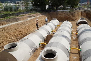  Sickeranlage mit drei Rigolensträngen. Nach Versetzen der Sickertunnel und vor Verfüllen der Baugrube werden die Fugen zwischen den Elementen mit Geotextil abgedeckt, die Domschächte bis zur Geländehöhe aufgesetzt und Verbindungsleitungen zwischen den Rigolen verlegt 