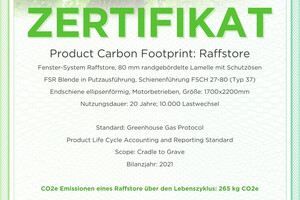  Soll die Klimawende gelingen, sind klare Fakten erforderlich: Die CO2-Emissionen des hier betrachteten Außenjalousien, im Fachjargon Raffstore genannt, betragen 265 kg CO2e. 