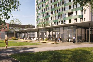  Im Erdgeschossbereich öffnet sich der Wohnturm zum neu angelegten, öffentlich zugänglichen Stadtgarten 