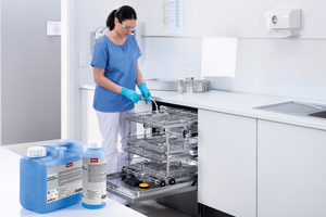  Reinigung und Desinfektion in Arztpraxen: Für dieInstrumentenaufbereitung bietet Miele spezielle Körbe an und die benötigte Prozesschemie gleich mit dazu. 