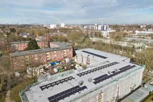  Die Gebäude im Morellenquartier im Hamburger Stadtteil Wandsbek, auf denen die HANSA und Green Planet Energy ihr erstes gemeinsames Mieterstromprojekt umsetzen 