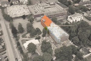  Der Anbau der Kooperativen Gesamtschule (KGS) in Rastede (hier ist das Bestandsgebäude rot dargestellt) misst 26 Meter in der Breite 