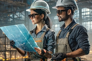  Der einfache Prompt lautete: „Erstelle eine fotorealistische Darstellung einer weiblichen Handwerkerin und eines männlichen Handwerkers. Sie tragen Arbeitskleidung und schauen gemeinsam auf einen digitalen Plan.“  