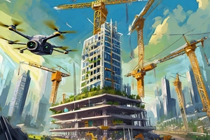  Was stellt sich eine KI für die Baustelle der Zukunft vor? Der Prompt: „Erstelle eine Grafik: Blick auf eine Hochhausbaustelle in naher Zukunft, mit Kränen und unter dem Einsatz von Robotern und Drohnen. Blick aus einer Distanz von cirka 50 Metern.“ 