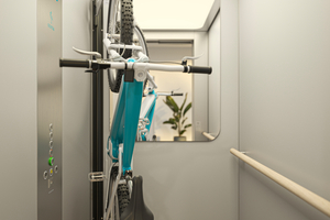  Technologische Innovationen können Wohnraum lebenswerter gestalten. Der oBike Riser von osma ermöglicht die einfache Fahrradmitnahme im Aufzug und sorgt so für größere Flexibilität und Sicherheit der Bewohner 