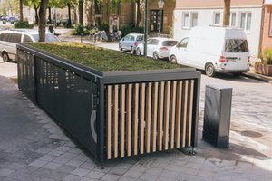  Diese niedrige Abstellanlage ist geschlossen für eine sichere Verwahrung und via App einfach zu buchen. Die Bedachung kann begrünt werden und trägt somit zum guten Stadtklima und urbanen Wohlfühlambiente bei 