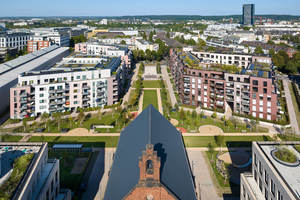  Auf dem Gelände der ehemaligen Justizvollzugsanstalt in Düsseldorf-Derendorf ist das Quartier maxfrei entstanden. Auf den früheren Gefängnishöfen befindet sich nun unter anderem das von HPP Architekten geplante Baufeld 3 