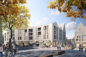  Architektonisch ist die „Neue Mitte Porz“ durch klare Linien, reduzierte Materialien und kompakte Grundrisse geprägt – das verlangt auch von der Gebäudetechnik smarte, zurückhaltende Lösungen 