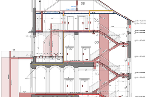  Schnitt durch den Altbau mit Darstellung der neuen Erschließung und Deckenkonstruktionen 