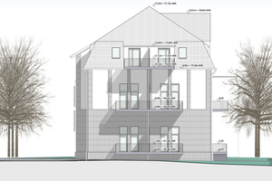  Ansicht des Altbaus mit vorgestellten Systembalkonen und Höhenkoten 