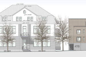  Straßenansicht des Ensembles aus historischem Schulbau und neuem Wohngebäude 