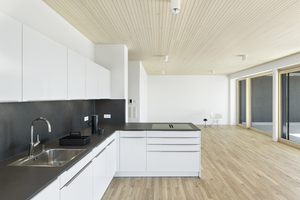  Alle Wohnungen sind bereits mit einer kompletten Küche ausgestattet. Auch hier sorgen edle Holzdecken für eine natürliche Atmosphäre 