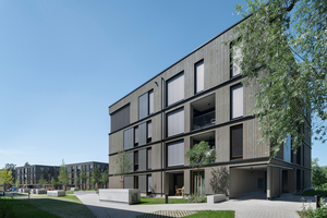  Die Fassaden zeichnen sich durch die dunkle Holzschalung und die großen Fenster aus 