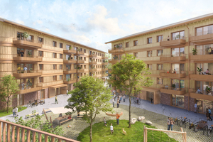  Die drei Baukörper des Projekts in Essen-Kupfedreh richten sich entlang der Grundstückskanten aus und formen so einen Wohnhof im Inneren 