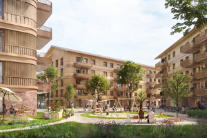  Die Fassade der drei Häuser besteht im Sinne der Ressourcenschonung aus Holz und Recyclingziegel 