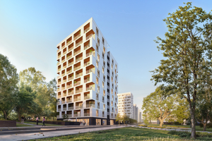  Die beiden Woodscraper belegen die südliche Flanke des Quartiers und liegen zwischen einer Haupterschließung und einem Parksaum 