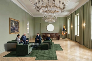  Das Amtszimmer des Bundespräsidenten im Entwurf des 1. Preisträgers Büro Henn: Die Jury hob in ihrer Beurteilung unter anderem die gut begründete und in den jeweiligen Räumen tragende Farbauswahl hervor 