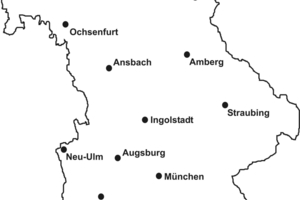  Standorte der zehn Modellprojekte „e% – Energieeffizienter Wohnungs­bau“. Bei der Auswahl wurden klimatische Besonderheiten der unterschiedlichen Regionen Bayerns berücksichtigt 