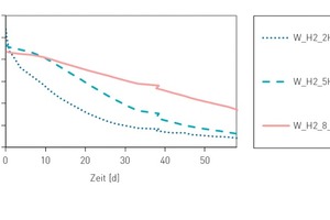  Verdunstungsverläufe unterschiedlich hydrophob imprägnierter Ziegelproben. Die Proben wurden zuvor wassergesättigt. Dargestellt sind Mittelwerte aus Versuchen mit Imprägniercremes mit drei unterschiedlichen Wirkstoffgehalten (10 %, 30 % und 60 %) 