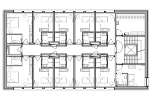  Der Grundriss der Obergeschosse mit den Wohneinheiten (links) und dem Treppenhaus mit Erschließungskern (rechts) 