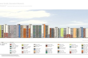  Der Farbentwurf aus dem Brillux Farbstudio Münster für einen der elf Blocks zeigt im Überblick, wie stimmig sich die satten Farbtöne über die gesamte Länge des Komplexes entwickeln 