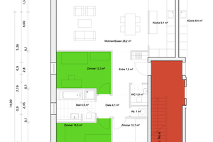  Der Grundriss einer 95 m² großen Wohnung verdeutlicht das Schallschutzkonzept: Laute Räume wie das Treppenhaus (rot) wurden von Ruhezonen wie Schlafzimmern (grün) getrennt  