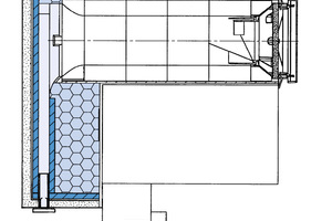  Bild 3: Dezentrale Lüftung mit Umlenkung innerhalb eines WDVS: Die dunkelblau dargestellte Kapselung schützt im Brandfall das Lüftungsgerät vor Feuerüberschlag oder abtropfendem Kunststoff 