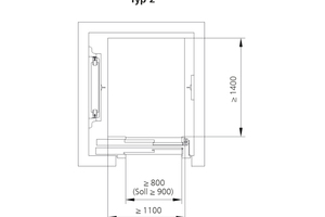  Barrierefreie Aufzüge vom Typ 2 ermöglichen bei einem handangetriebenen Rollstuhl die Mitfahrt einer Begleitperson. Alternativ passt ein größerer Elektrorollstuhl für Innenräume in die Kabine. Diese Aufzüge sollten eine Türbreite von 90 cm bei einer Kabinengröße von mindestens 1,10 m Breite und 1,40 m Tiefe haben 