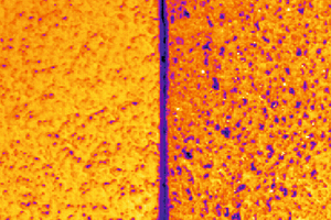  Rücktrocknung nach simulierter nächtlicher Betauung. Links Thermosan NQG³, rechts eine hydrophobe Fassadenfarbe mit „Abperleffekt“ 