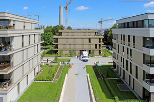  Die Neubauten des Münchner Domagkparks wurden im KfW 40-Standard errichtet. Die Direktbelieferung mit Sonnenstrom trägt dazu bei, die hohen Anforderungen der städtischen Bauordnung einzuhalten 