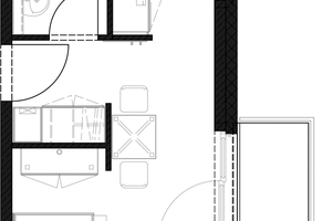  Entwurf: Grundriss einer voll ausgestatteten Mikrowohnung als 1-Raum-Apartment mit rund 21 m² Wohnfläche aus Diele, Bad/WC, Kitchenette und Balkon 