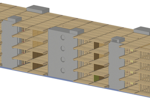  Die Isometrie der Aufstockung zeigt den dominierenden Holzbau (braun) und den mineralischen Anteil (grau) der Erschließungskerne 