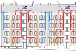  Verlegeschema der Lüftung der Variante 1 in der Fassade mit Lüftungsgerät im Dachraum 