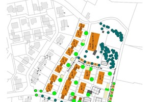  Ausgangssituation des Bebauungsplans mit EFH, DHH und Reihenhäusern: Die Ausrichtung der Gebäude ist bereits sehr günstig, die Gebäudeform mit Satteldachgebäuden (I+D) führte allerdings zu einer relativ hohen Verschattung unterhalb der Baukörper 