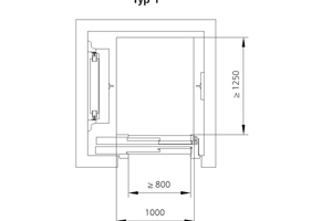  Aufzüge vom Typ 1 nehmen lediglich einen Rollstuhlbenutzer mit einem handbetriebenen oder einem kleinen elektrisch angetriebenen Rollstuhl auf. Die Kabine muss im Innern mindestens 1 m breit und 1,25 m tief sein. Die Mindestbreite der Türen beträgt 80 cm 