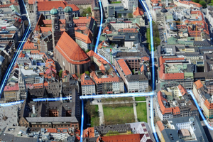  Animierte Luftbildaufnahme: Glasfaserausbau rund um die Frauenkirche in der Münchner Innenstadt 