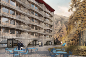  Für die Erweiterung des Hotels Laudinella in St. Moritz/Schweiz ist u.a. ein Neubau mit 6 Geschossen in Holzbauweise geplant 