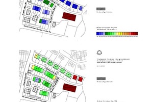  Situation der solaren Gewinne für den „Ist-Zustand“ (oben) und die deutlich verbesserten solaren Gewinne für den optimierten Zustand (unten) 