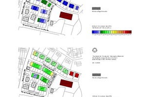  Situation der solaren Gewinne für den „Ist-Zustand“ (oben) und die deutlich verbesserten solaren Gewinne für den optimierten Zustand (unten) 